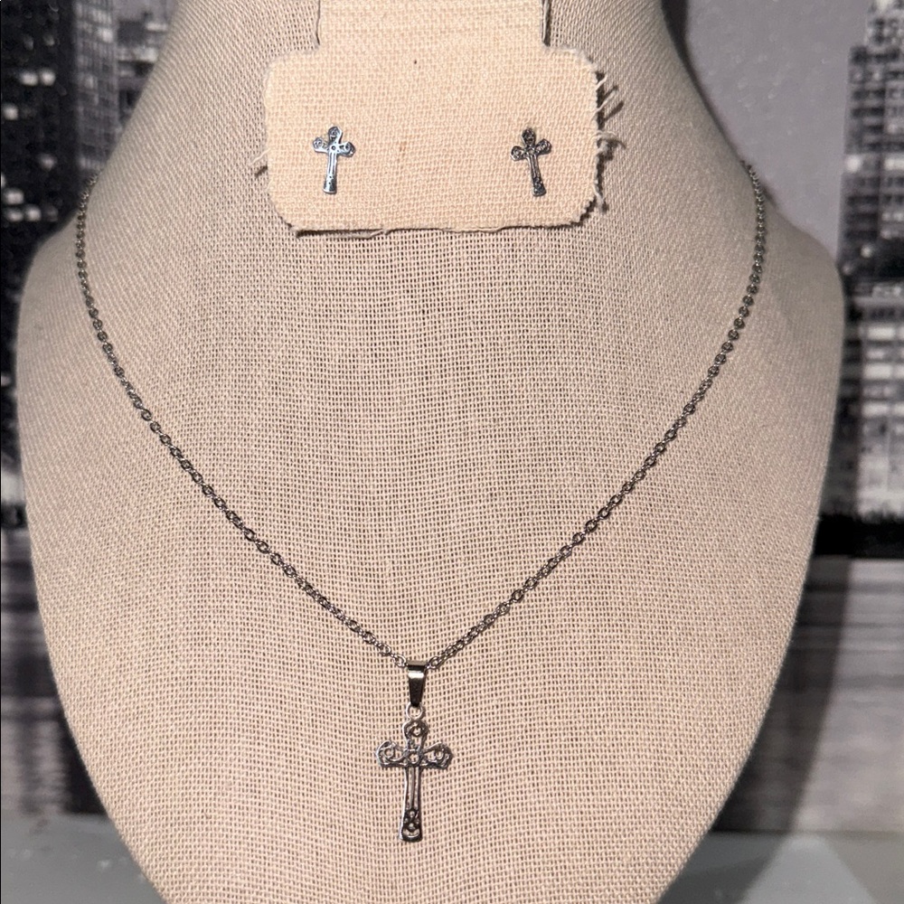 Stylish Cross Necklace and Earring Set Stainless Steel